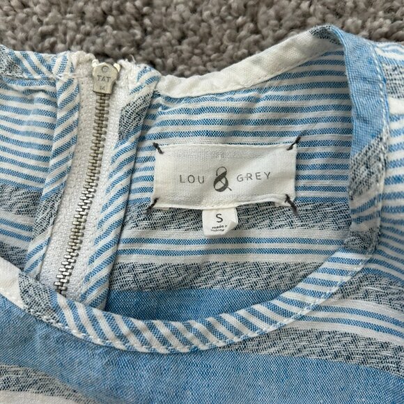 Lou & Grey Linen Cotton Top Size Small Striped Blue White Short Sleeve Crew - Picture 2 of 8